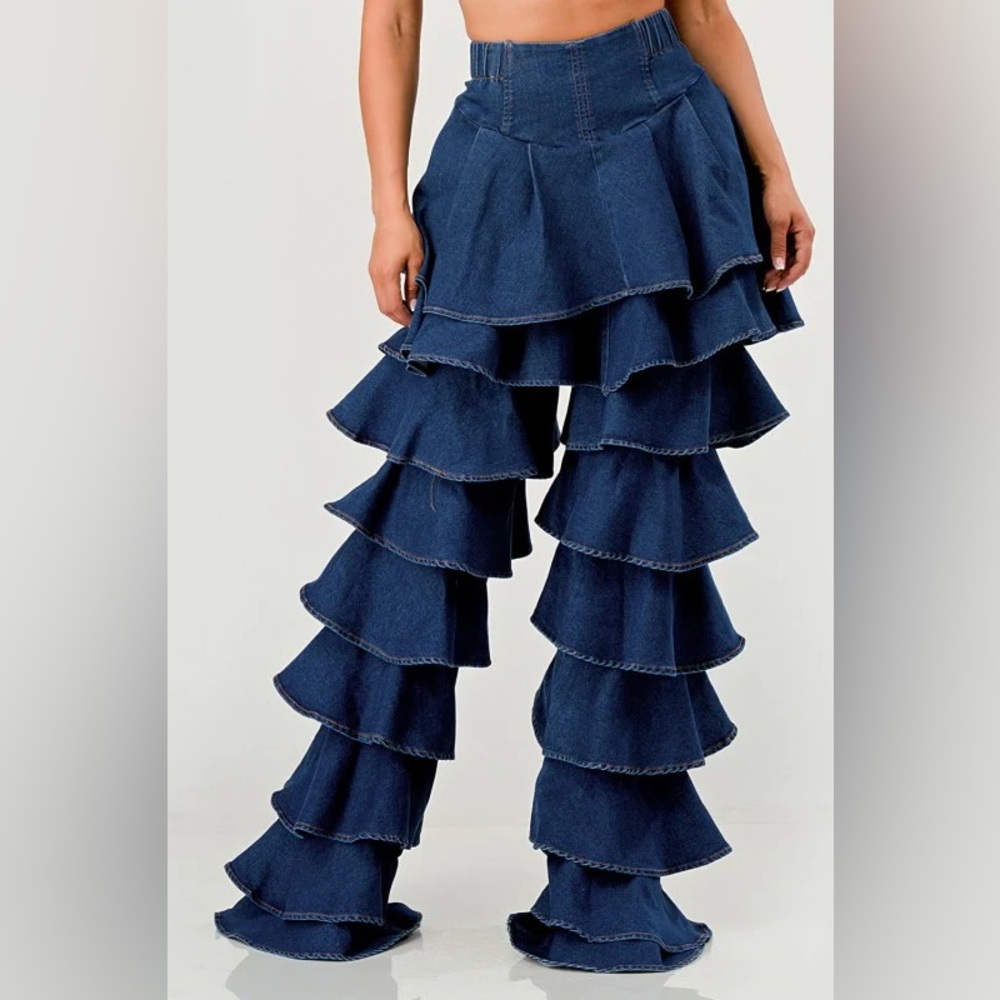 STRETCH DENIM 2pc Ruffled Pant Set - Picture 6 of 6
